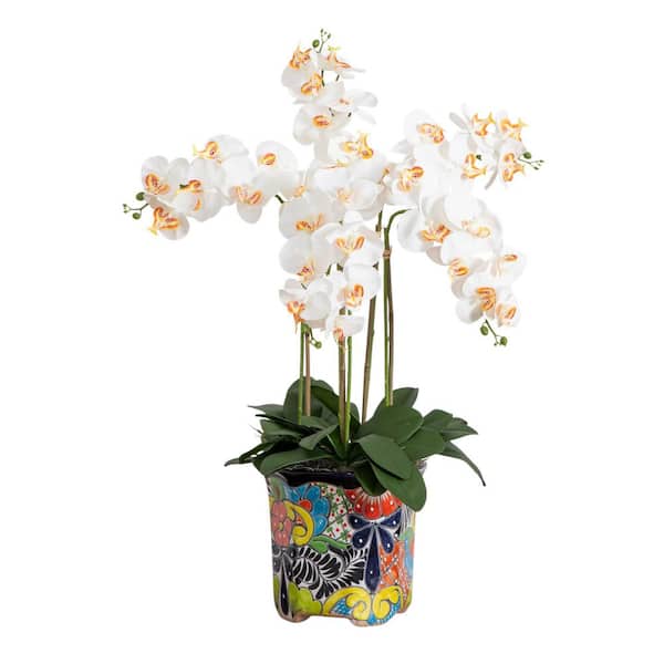 Nearly Natural 36 in. White Artificial Large Orchid Arrangement in Handmade Mexican Talavera Ceramic Planter