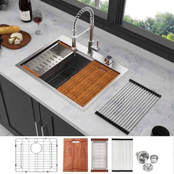 Lindra 28 in. L x 22 in. W Drop in/Undermount Single Bowl Stainless Steel Kitchen Sink with Cutting Board and Strainer