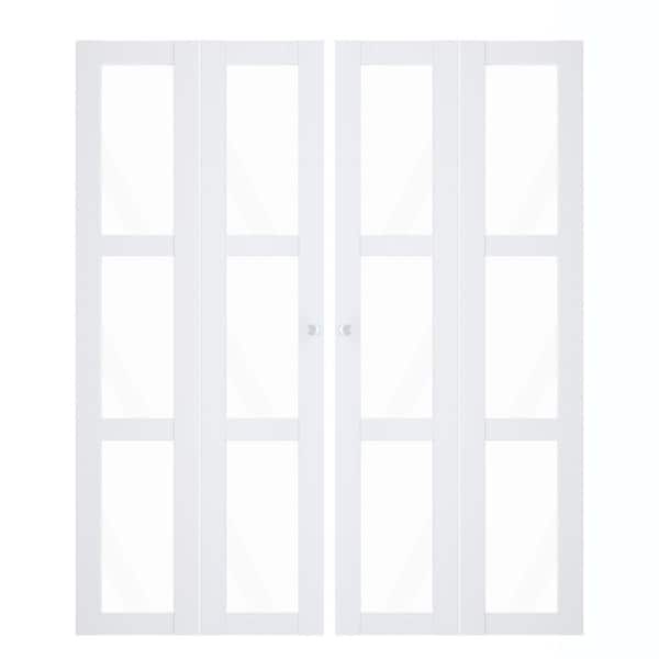 TENONER 72 in x 80 in 3 Lite Clear Glass White MDF, Solid Core, Water-Proof Can't be Painted Bi-fold Door with All Hardware