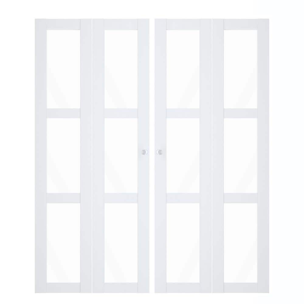 TENONER 72 in x 80 in 3 Lite Clear Glass White MDF, WaterProof PVC