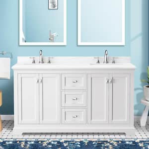60 in. W x 22 in. D x 40 in. H Double Sink Bath Vanity with Carrara White Cultured Marble Top,Soft Close Drawers,White