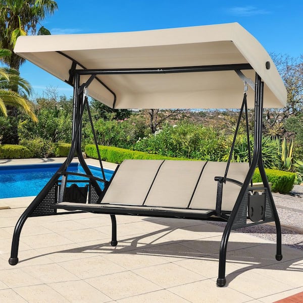 NOBLEMOOD 3-Person Outdoor Metal Patio Swing with Adjustable Canopy, Textline Seat, Foldable Side Trays, Khaki