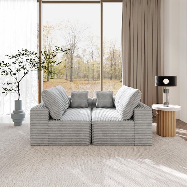 134 in. Square Arm Gray Corduroy Fabric Rectangle Modular Sectional Sofa Boneless Couch with Pillows