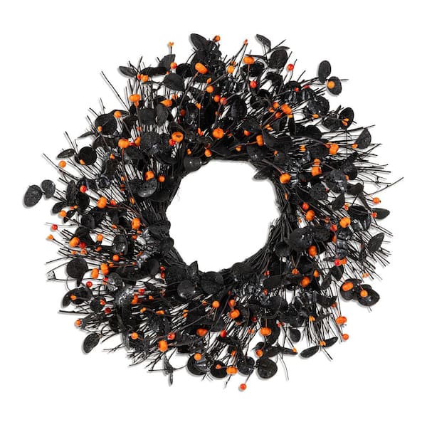 22 in. DHalloween Eucalyptus Pumpkin Bat Wreath Includes a Complimentary Black Metal Wreath Hanger