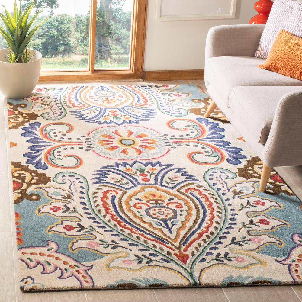 Ivory and Blue Hand-Tufted Wool Floral Area Rug