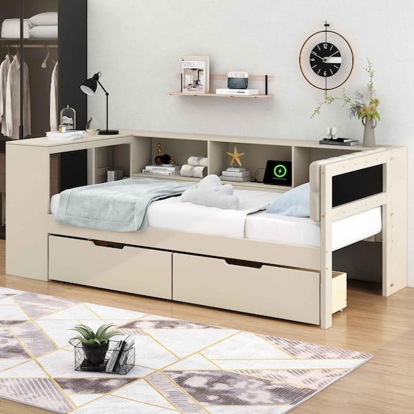 Cream Twin Size Daybed with Storage Shelves, Drawers, Charging Station