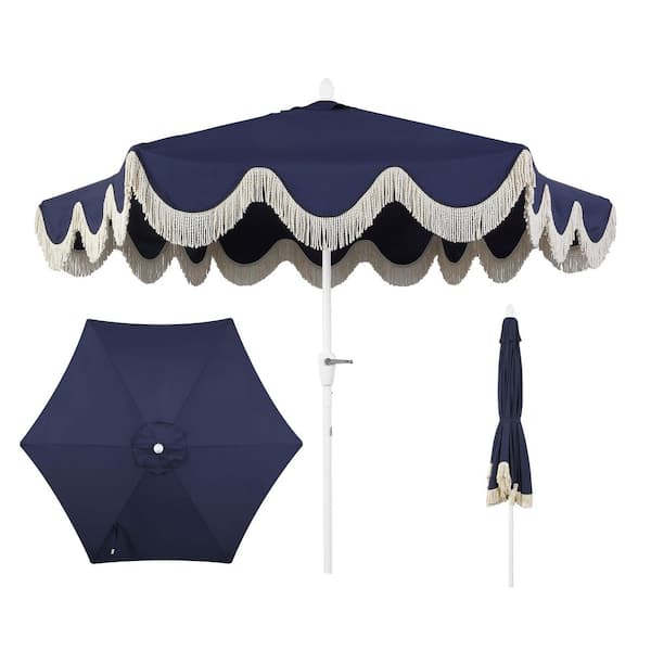 Collins 9 ft. Cottage Tassel Market Patio Umbrella with Auto-Tilt Crank, Wind Vent and UV Protection in Navy/Cream