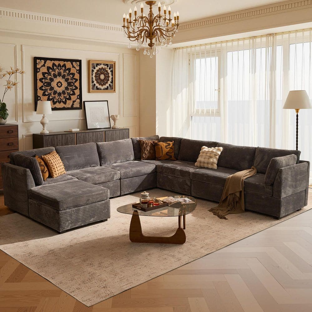 CORNY 127 in. Wide 8-Piece Modern Deep Seat Corduroy L-Shape Modular Sectional Sofa Couch in Gray with Ottoman