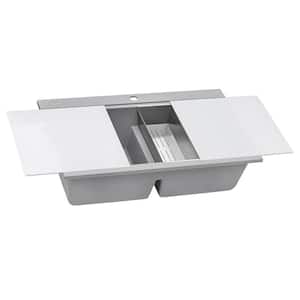 epiGranite Silver Gray Granite Composite 34 in. Double Bowl Drop-In Workstation Ledge Kitchen Sink