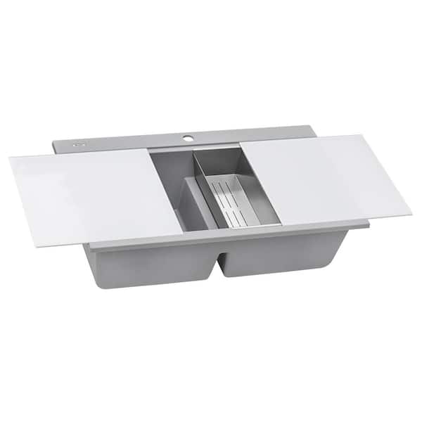 Ruvati epiGranite Silver Gray Granite Composite 34 in. Double Bowl Drop-In Workstation Ledge Kitchen Sink