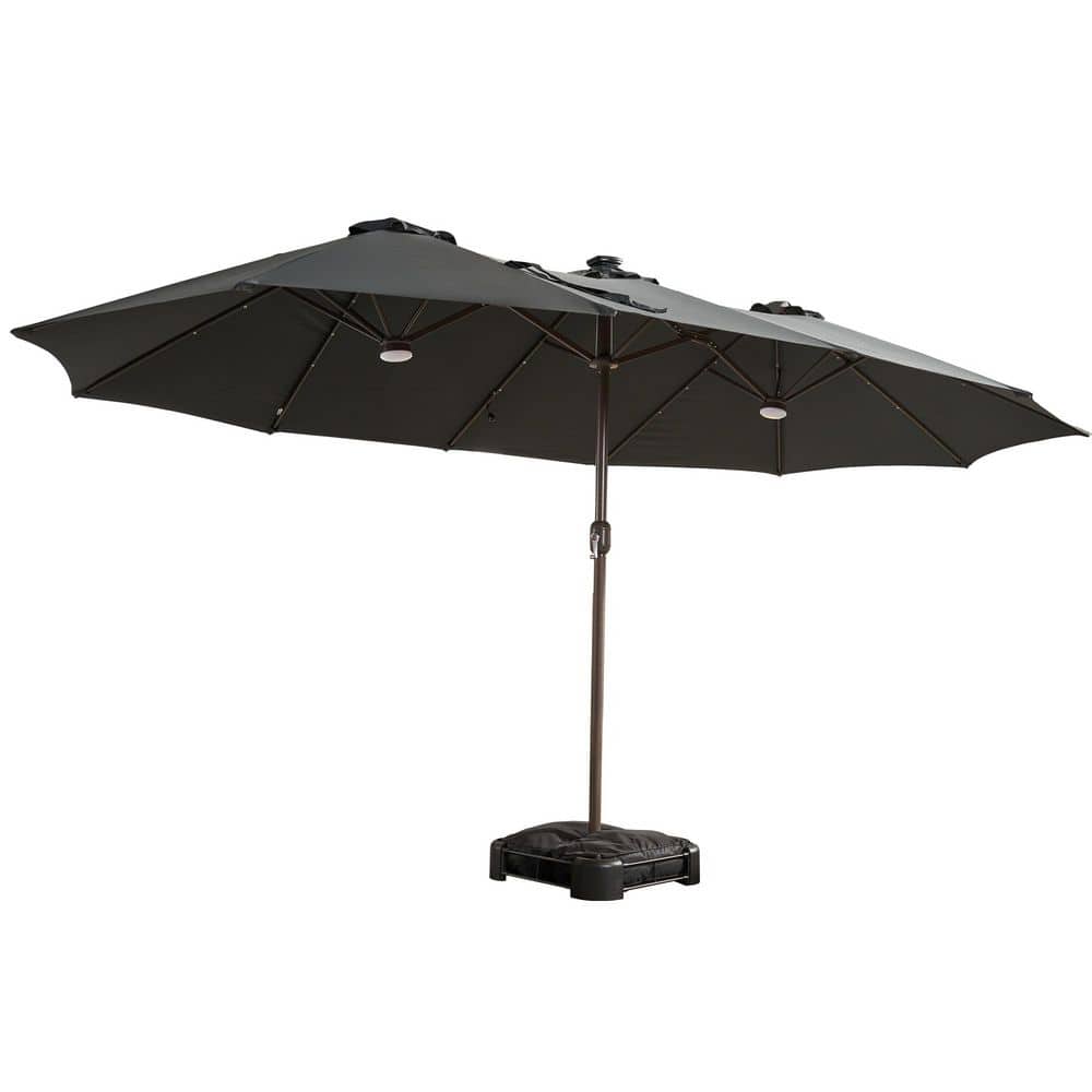 black closed patio umbrella Caodoc 15 ft. Metal Market Rectangle Outdoor Patio Umbrella in Black with Base & Solar Lights for Poolside Bench Backyard
