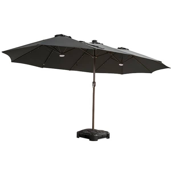 15 ft. Metal Market Rectangle Outdoor Patio Umbrella in Black with Base & Solar Lights for Poolside Bench Backyard
