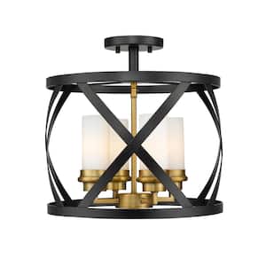 Malcalester 15 in. 4-Light Matte Black and Olde Brass Semi Flush Mount with White Glass Shade