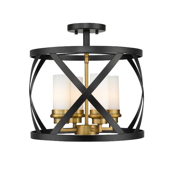 Unbranded Malcalester 15 in. 4-Light Matte Black and Olde Brass Semi Flush Mount with White Glass Shade