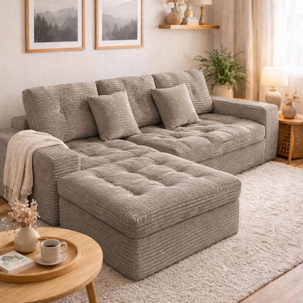 105 in. Square Arms 3-Piece Faux Rabbit Fur Fabric Modular Compressed Sectional Sofa in Khaki with Ottoman