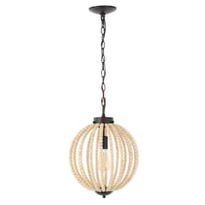 Abril 12.5 in. 1-Light Oil Rubbed Bronze/Brown Rustic Bohemian Iron/Wood Bead LED Cage Pendant