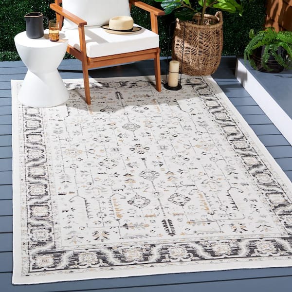 Sunrise Ivory/Gray Black 4 ft. x 6 ft. Ornate Border Reversible Indoor/Outdoor Area Rug