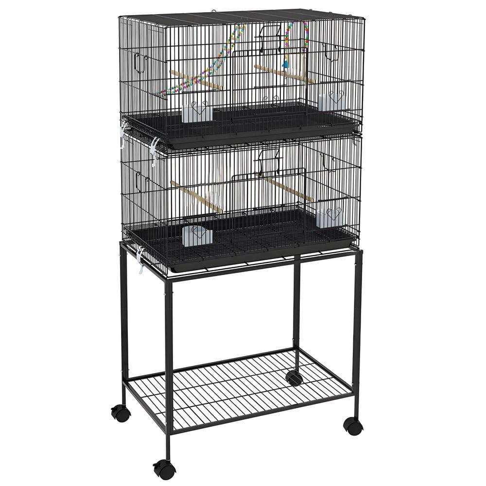 64 in. Double Stackable Bird Cage w/ Stand, Wooden Swing, Rope Ladder ...