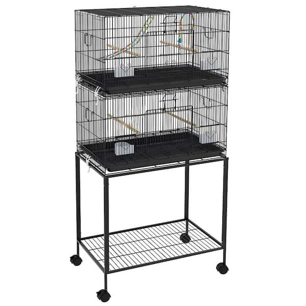 64 in. Double Stackable Bird Cage w/ Stand, Wooden Swing, Rope Ladder and Wheels, Bird House w/ Perches and Containers