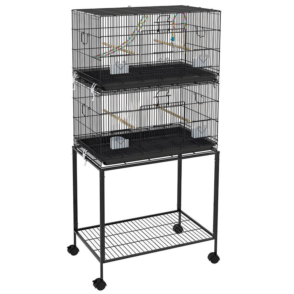 64 in. Double Stackable Bird Cage w/ Stand, Wooden Swing, Rope Ladder ... - Large Bird Cages With Rope Ladder And Swing Attachment