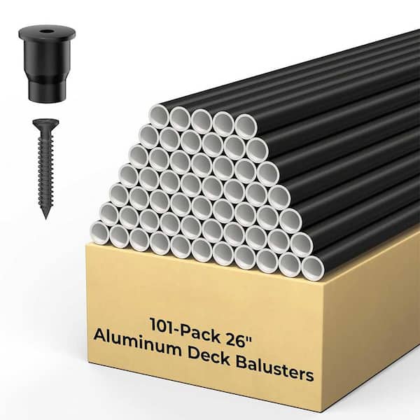 Afoxsos 101-Pack 26 Round Aluminum Deck Balusters Black Staircase Spindles with Connectors for Outdoor Porch and Railings