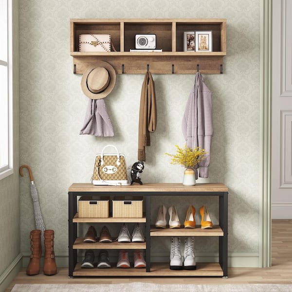 Tribesigns Howard Coffee Wood 32 in. Shoe Rack with Coat Hooks, Hall Tree  with Shoe Bench and Shelves TJHD-JW0201 - The Home Depot