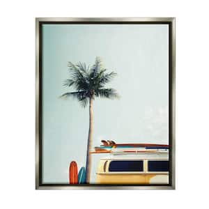 Surf Bus Yellow With Palm Tree Photography by Design Fabrikken Floater Frame Travel Wall Art Print 31 in. x 25 in.