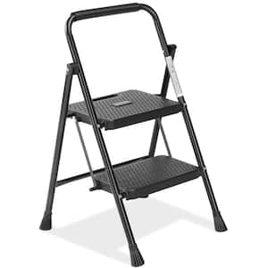 2.7 ft. Black Steel Folding 2 Step Ladder (6 ft. Reach), 800 lbs. Load Capacity