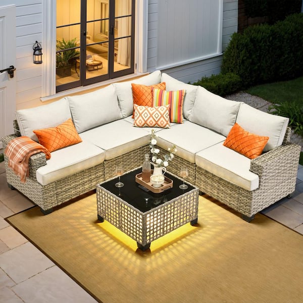 Kelleys 6-Piece Wicker Modern Outdoor Patio Conversation Sofa Sectional Set with Light Grey Cushions