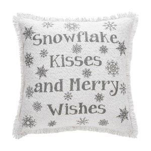 Yuletide Antique White Silver Gray 12 in. x 12 in. Burlap Snowflake Kisses Throw Pillow