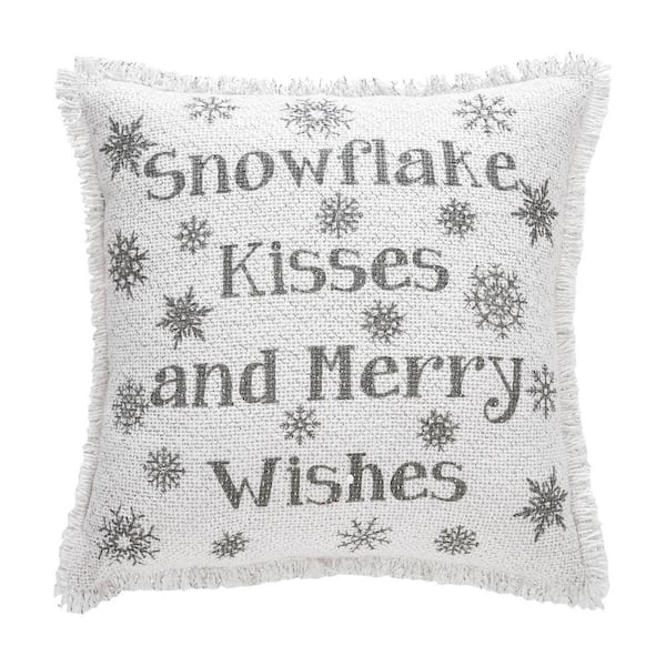 VHC BRANDS Yuletide Antique White Silver Gray 12 in. x 12 in. Burlap Snowflake Kisses Throw Pillow
