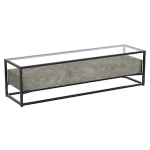 Tv Stand 59 in. L Dark Cement 3 Drawers Glass Top