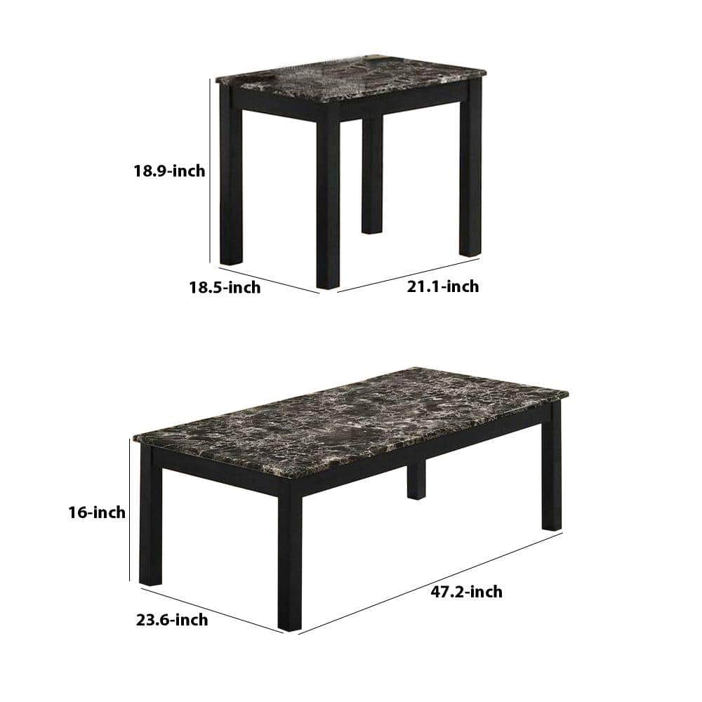 Transitional 3-Piece Faux Marble Coffee and End Table Set - Black