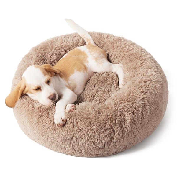 23 in. Calming Dog Bed, Donut Washable Small Puppy Bed, Anti-Slip Round Fluffy Plush Faux Fur Large Cat Bed