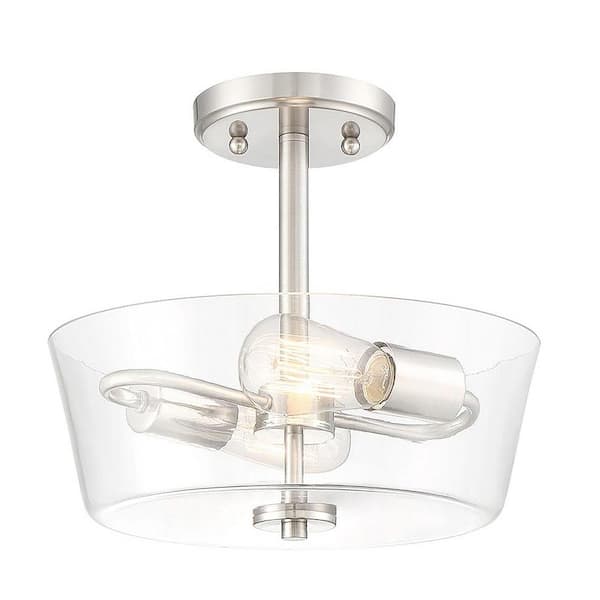 Edvivi 12 in. 2-Light Brushed Nickel Round Semi-Flush Mount, Modern Ceiling Light with Clear Glass Drum Shade