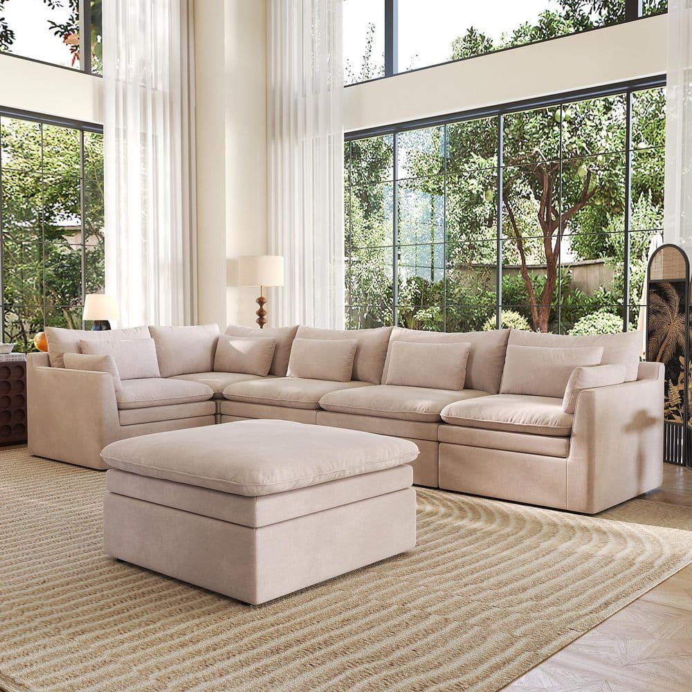 156 in. Square Arm 6-Piece Polyester Down Feather Modular Sectional Sofa Free Combination Living Room Couch in Khaki