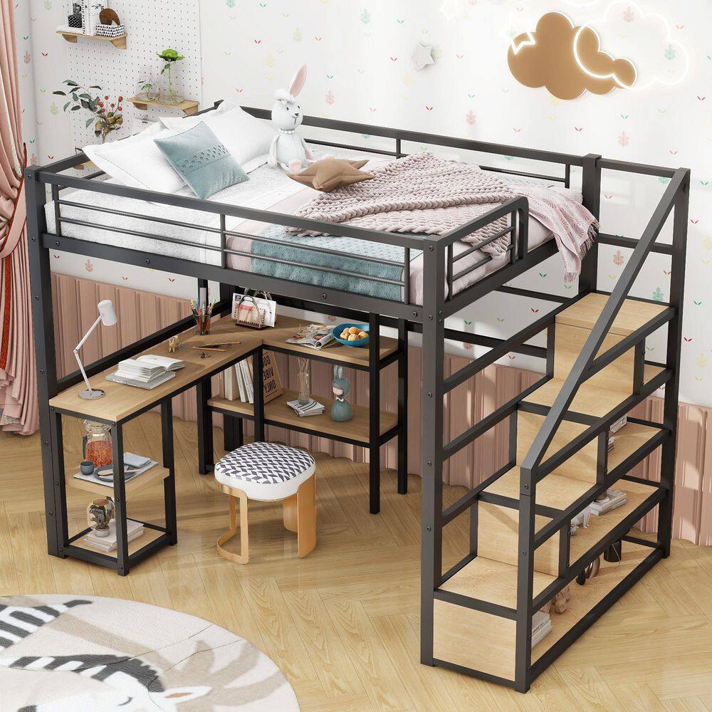 Black Full Metal Loft bed with Built-in Desk and Shelves price history on PriceWatchPro