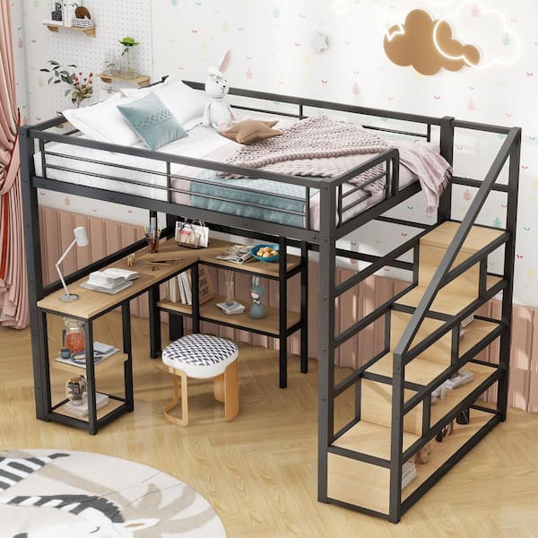 Black Full Metal Loft bed with Built-in Desk and Shelves