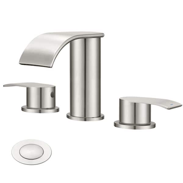 GAGALIFE 8 in. Widespread Double Handle Waterfall Spout Bathroom Vessel Sink Faucet with Pop Up Drain in Brushed Nickel