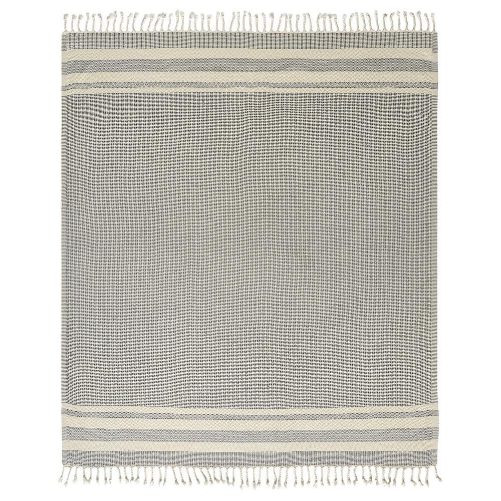 Wesley Navy/White Striped Farmhouse All Natural Turkish Cotton Throw Blanke