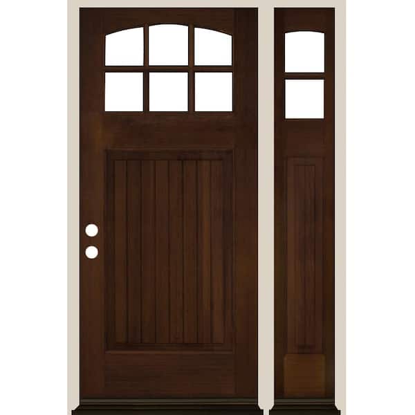 Krosswood Doors 50 in. x 80 in. V-Groove Arch 6-Lite Clear Glass Provincial Stain Right Hand Hemlock Wood Prehung Front Door w/RSL