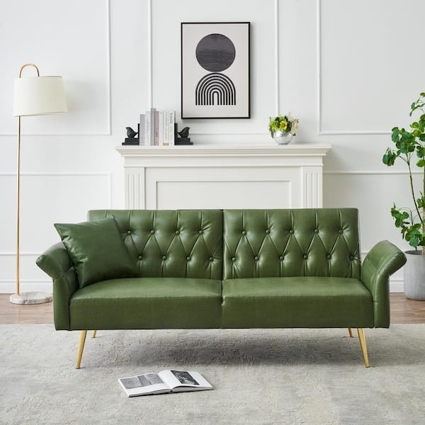 67.71 in.Green Faux Leather Twin Size Separate Adjustable Sofa Bed with Adjustment Armres