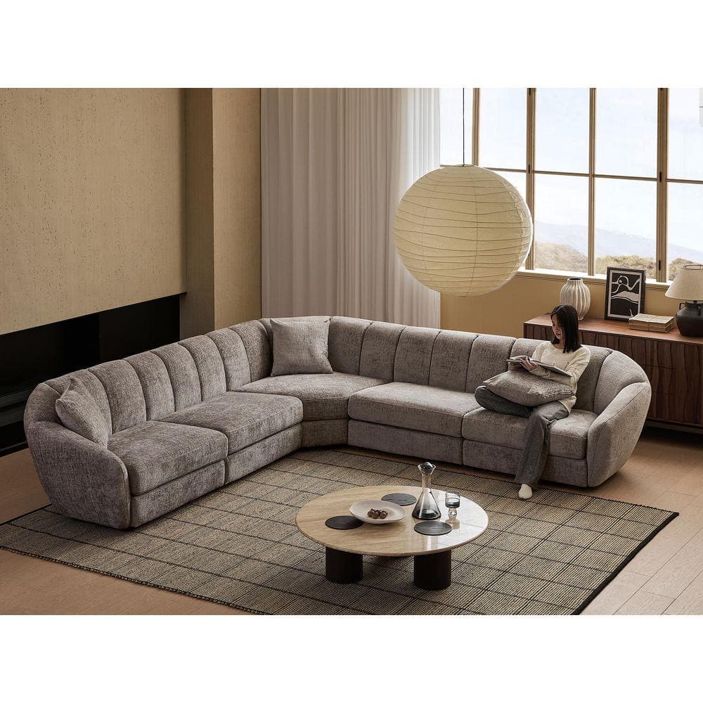 Modern 126 in. Wide Slope Arm Chenille Fabric L-Shaped (V-Shaped) Sectional Sofa Scallop Sofa 5 Seats in Dark Gray