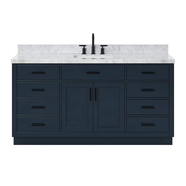 Hepburn 67 in. W x 22 in. D x 36 in. H Freestanding Bath Vanity in Midnight Blue with Carrara White Marble Top