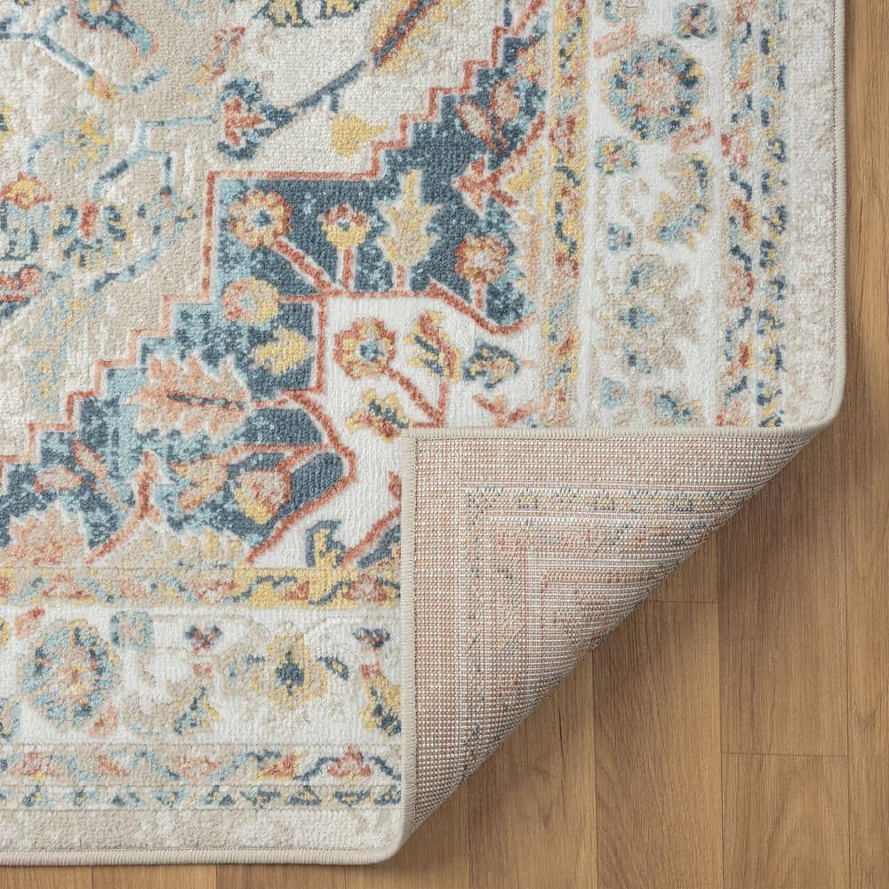 Arcady Ivory and Blue Synthetic Medallion Runner Rug