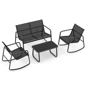 Black Metal Outdoor Rocking Chair Set with Glass-Top Table