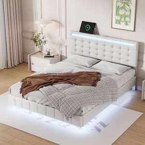 White Wood Frame Full Size Modern Floating Tufted PU Platform Bed with Adjustable Headboard, LED Lights and USB Ports