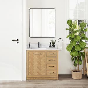 Jakarta 36 in. W. x 22 in. D x 33.9 in. H Single Bath Vanity in Oak Weathering Light Brown Silk White Quartz Stone Top