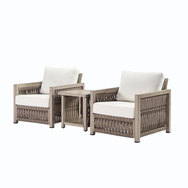 CikaCika Brown 3-piece Woven Rope Alluminum Outdoor Patio Conversation Set with Sidetable and Cream Cushions