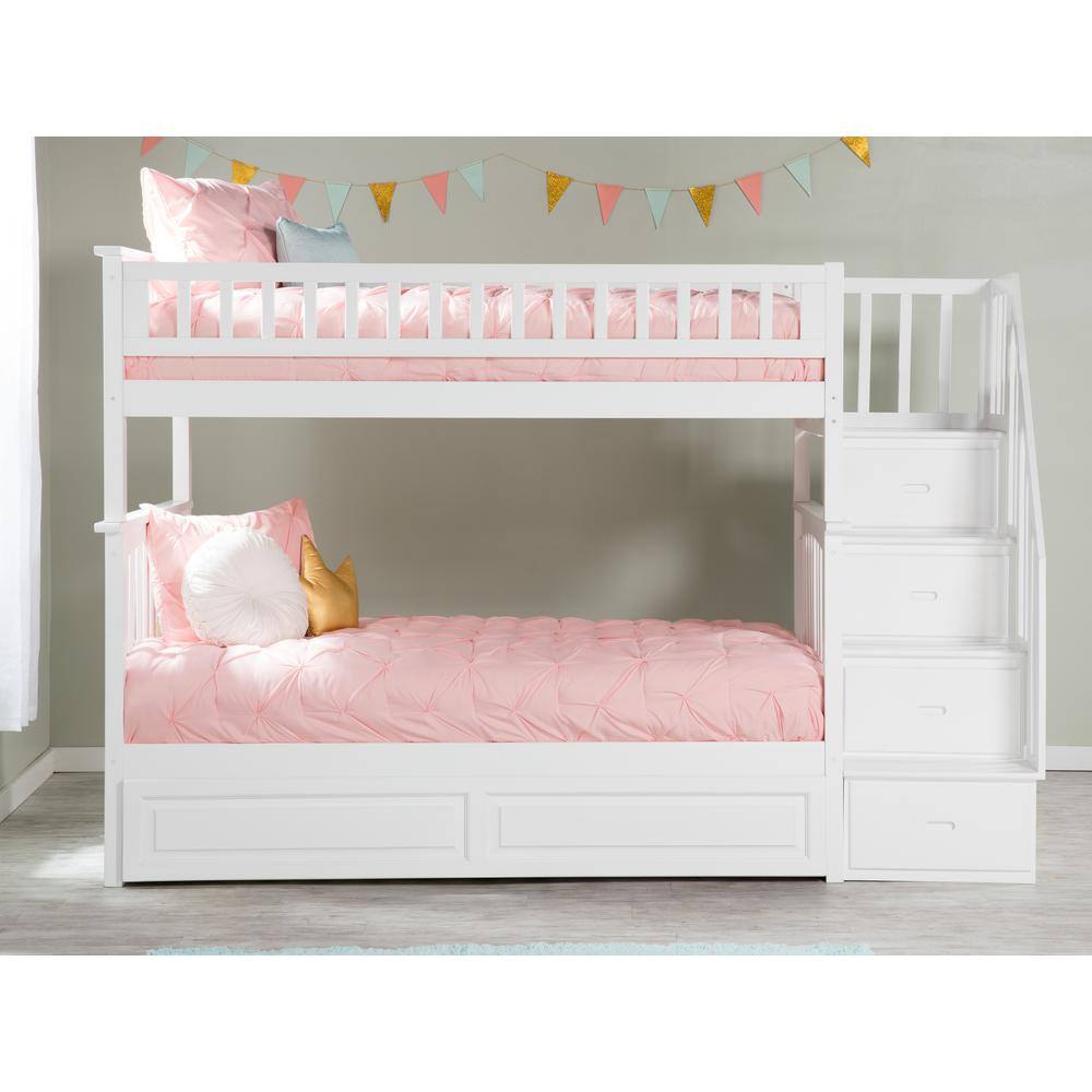 White Twin Over Twin Wood Bunk Bed with Trundle and Storage
